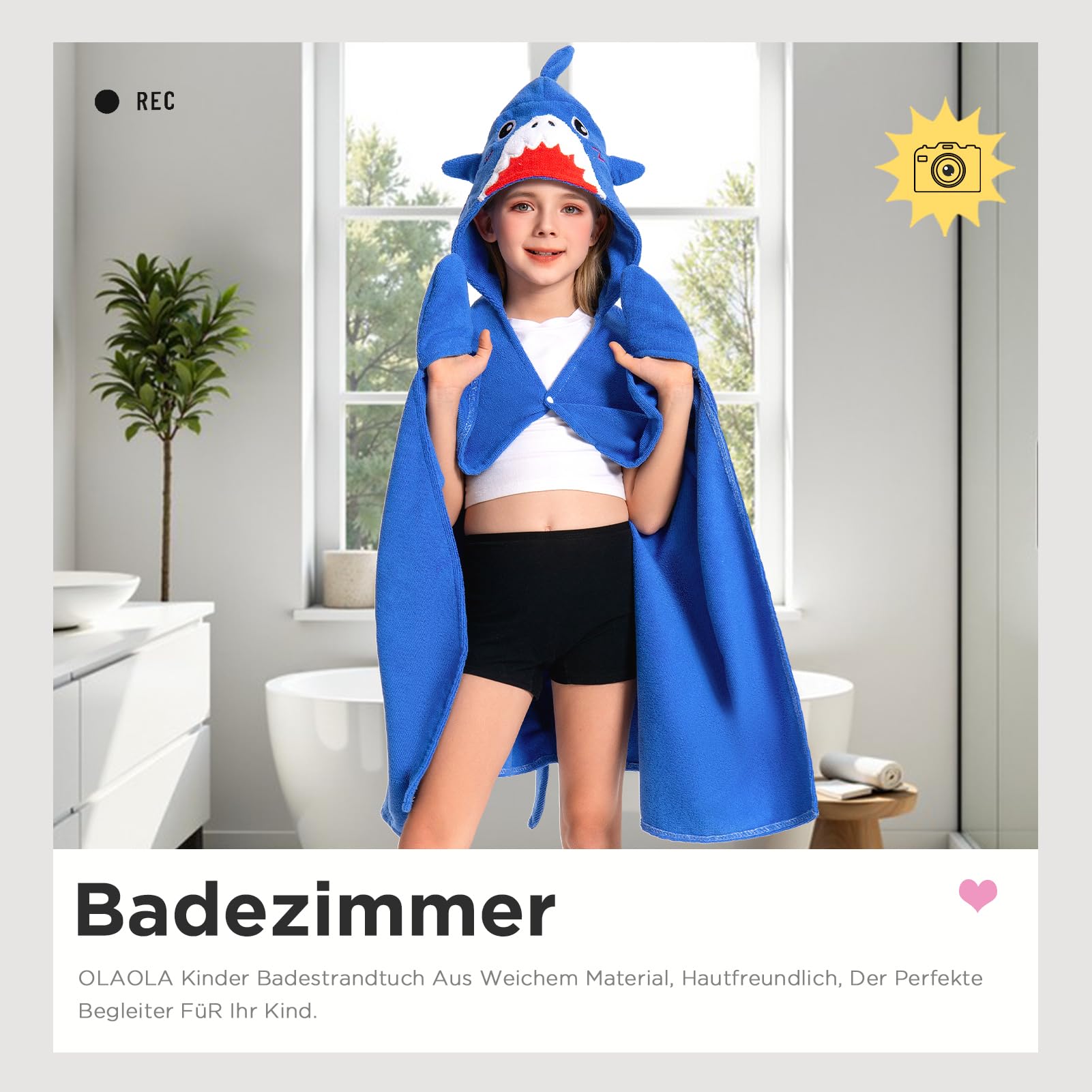 OLAOLA Badeponcho Kinder, Weich und Schnelltrocknendes Badetuch Poncho, Mikrofaser Handtuch mit Kapuze für Strand Schwimmen, Strandtuch für Mädchen Jungen 3-12 Jahre Alt (Hai)