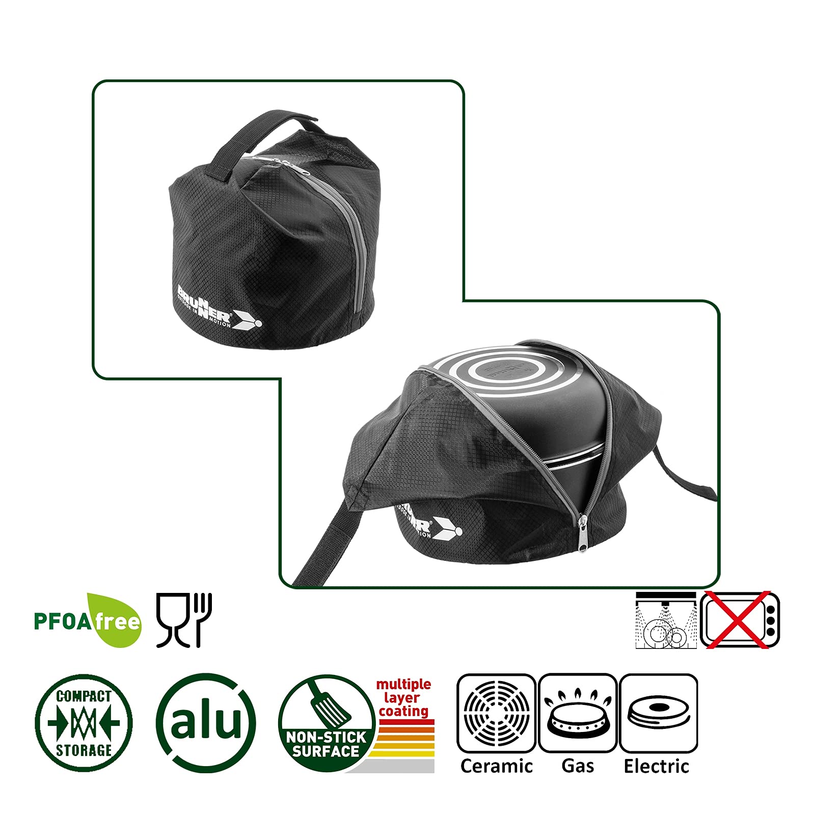 BRUNNER Camping Kochgeschirr-Set Alu (Töpfe und Pfannen) - ø 20, 22, 24, 26-cm Pirate Vakublock - 4 Personen, Beschichtet, Leicht, Hochwertig, Stapelbar