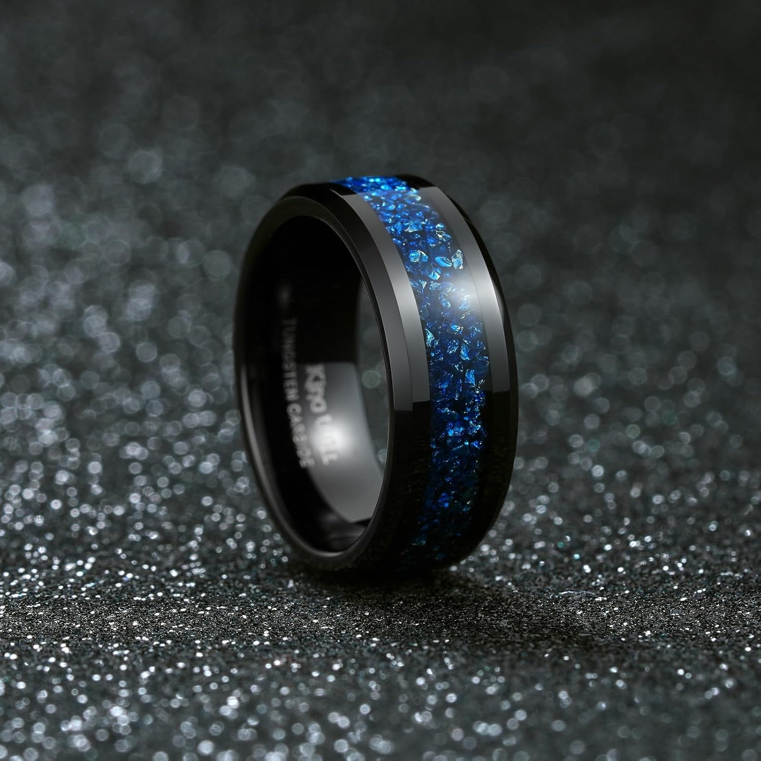 King Will Mens Meteorite Tungsten Wedding Bands, 6mm/8mm Width, Black/Silver Engagement Rings for Couples, Beveled Edge Promise Ring for Women Comfort Fit