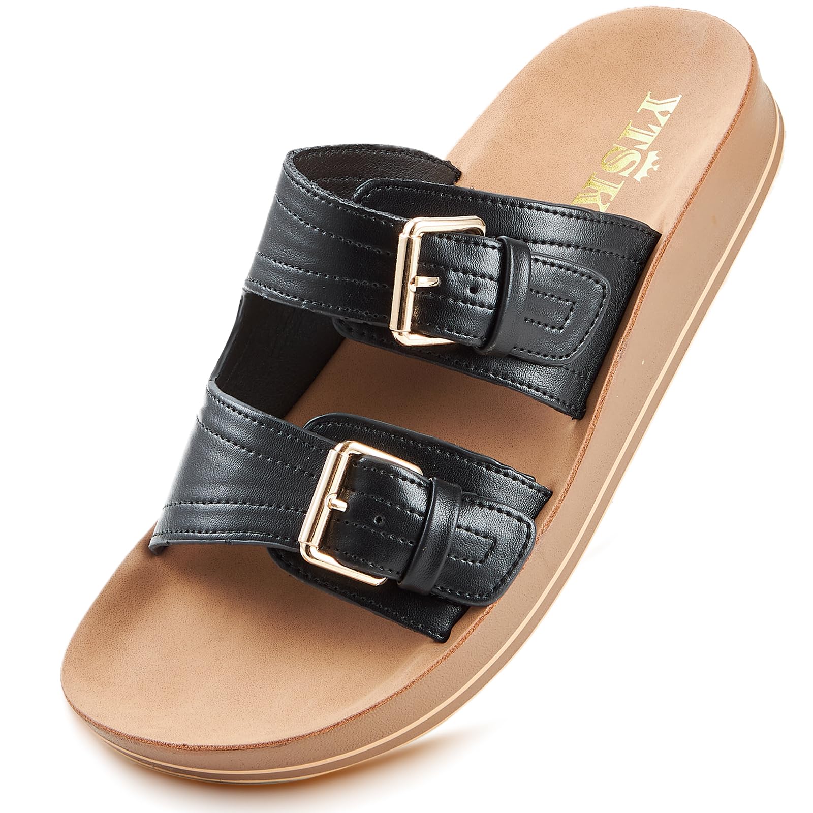 YTSKJ Leather Flat Sandals Beach Essentials Womens Sandals with Adjustable Buckle Memory Foam Vacation Slides for Women Footwear