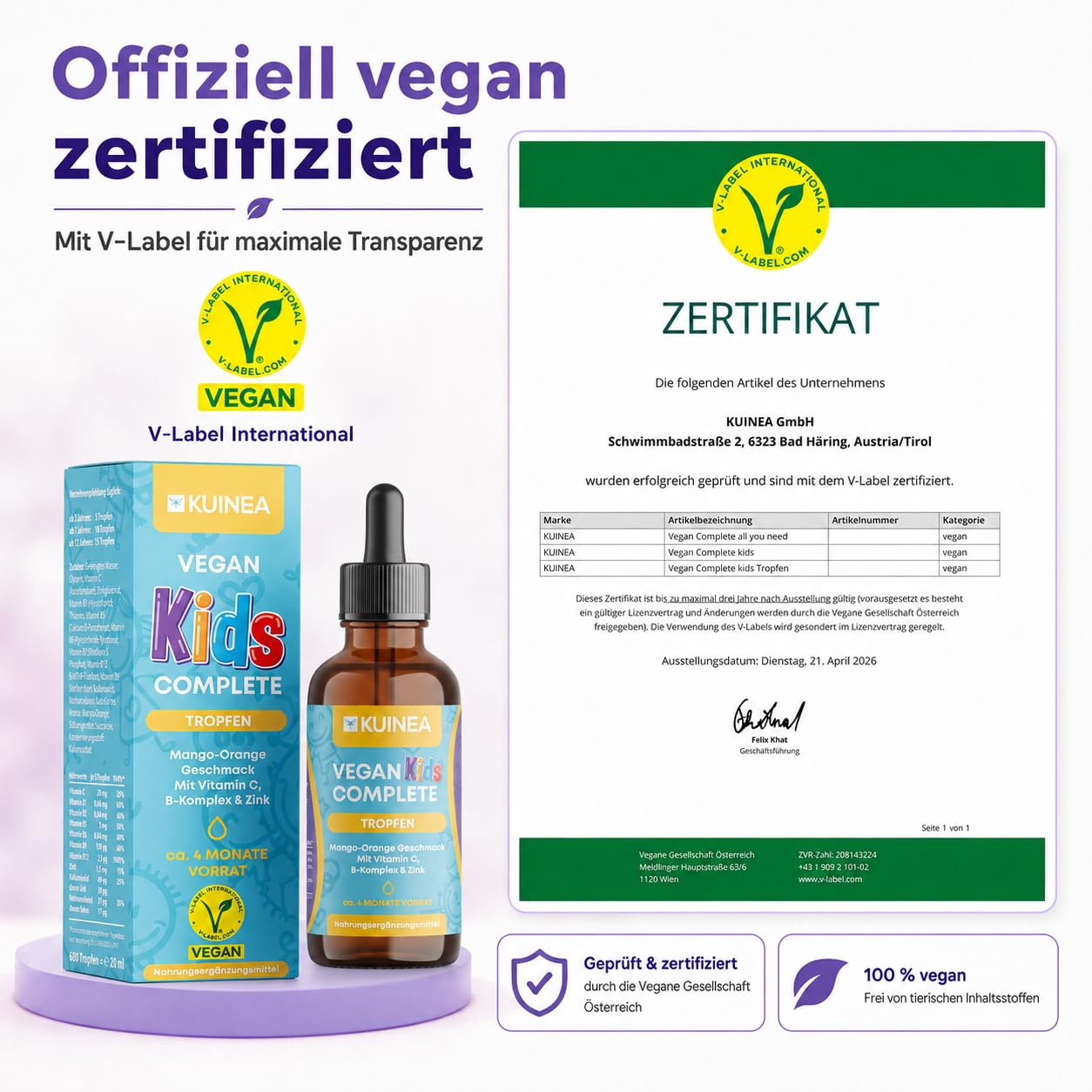 KUINEA Vegan Complete Familien-Bundle – Vitamin B12 Vegan 120 Kapseln + Vitamine für Kinder ab 3 Jahren Tropfen 20 ml – mit B-Vitaminen, D3, K2, Eisen, Zink, Jod & Selen