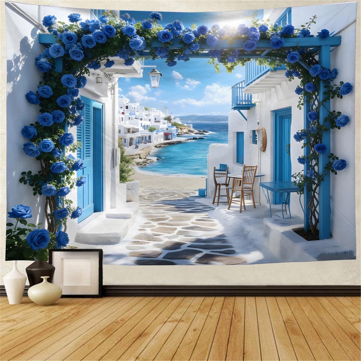 FENDROM Summer Blue Flower Tapestry Wall Hanging European Town Island Blue Ocean Wonderful View Tapestries Landscape Wall Decor Backdrop for Living Room Bedroom — image 1