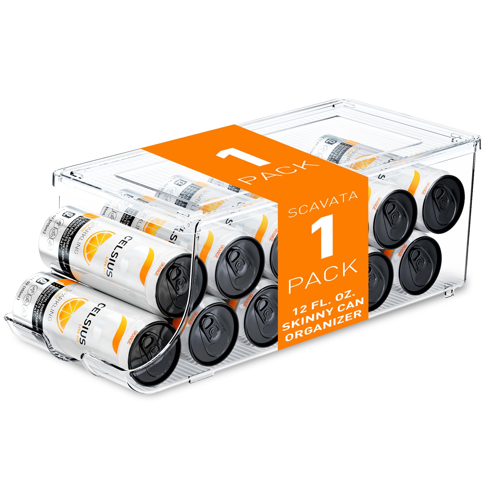 SCAVATA Skinny Can Organizer for Refrigerator, Stackable Tall Skinny Soda Pop Can Holder Dispenser with Lid for Fridge Pantry Rack Freezer, Clear