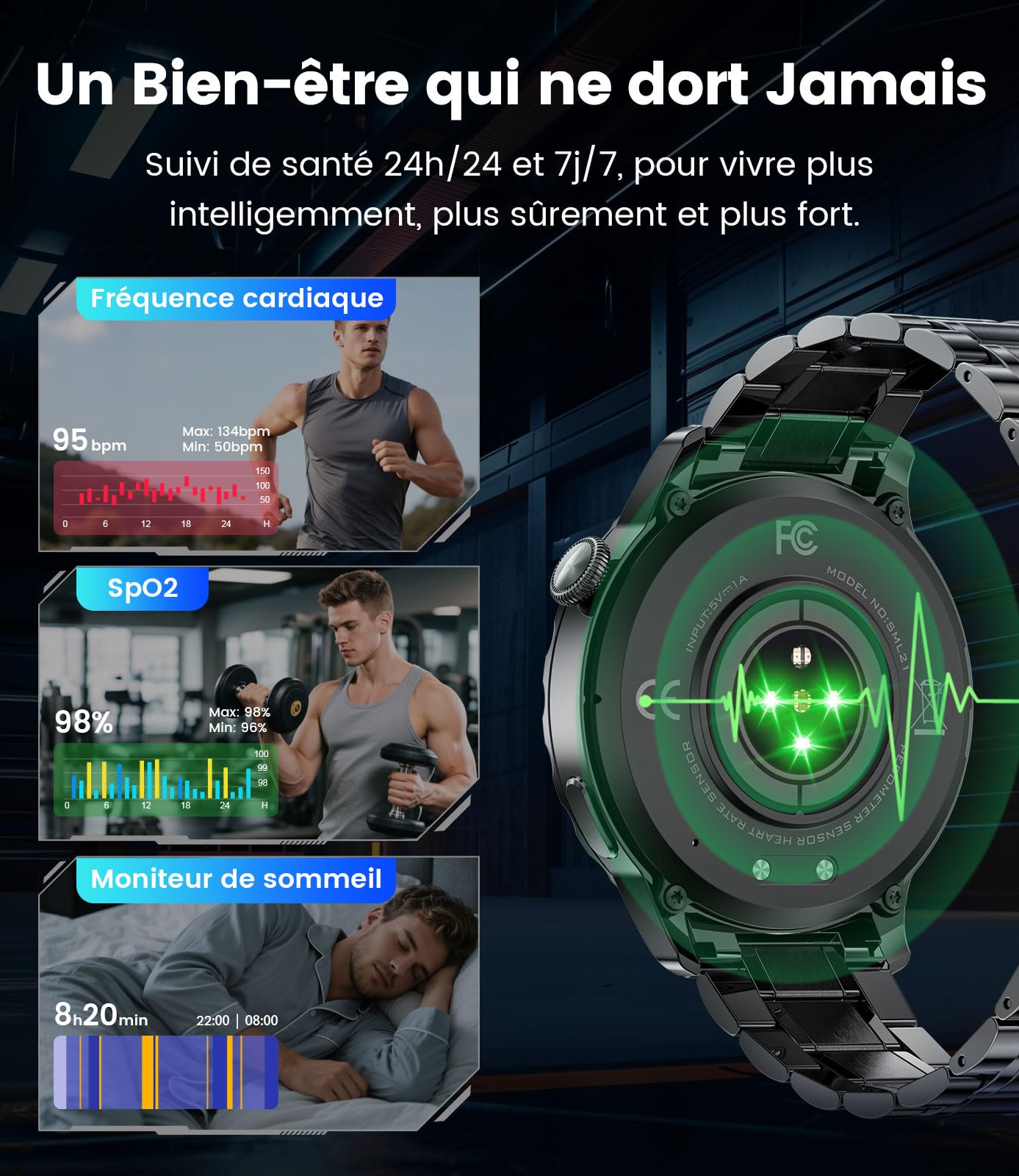 Montre Connectée Homme SML21, Écran AMOLED 1,43" HD, Appels Bluetooth, Autonomie 15 Jours, Notifications Intelligentes, Étanche, Compatible iOS et Android – Noir Profond