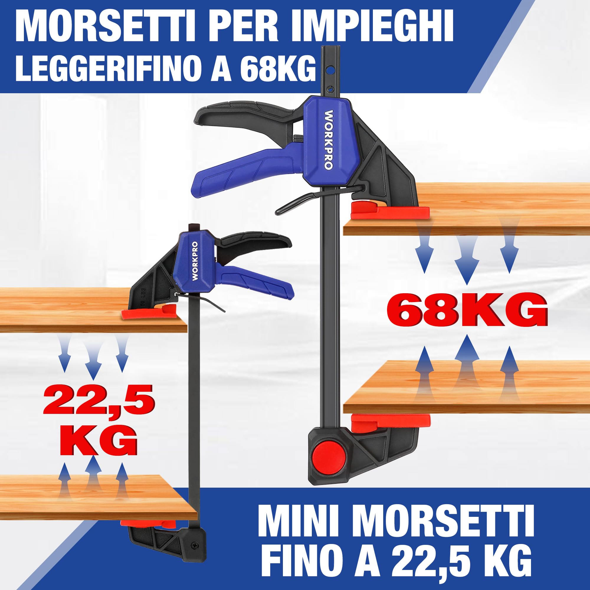 WORKPRO Set di 6 morsetti a mano singola 150 mm, forza di serraggio 22,5 kg/68 kg, apertura alare 150 mm, 4 classici e 2 mini morsetti per fissaggio preciso e lavorazione del legno