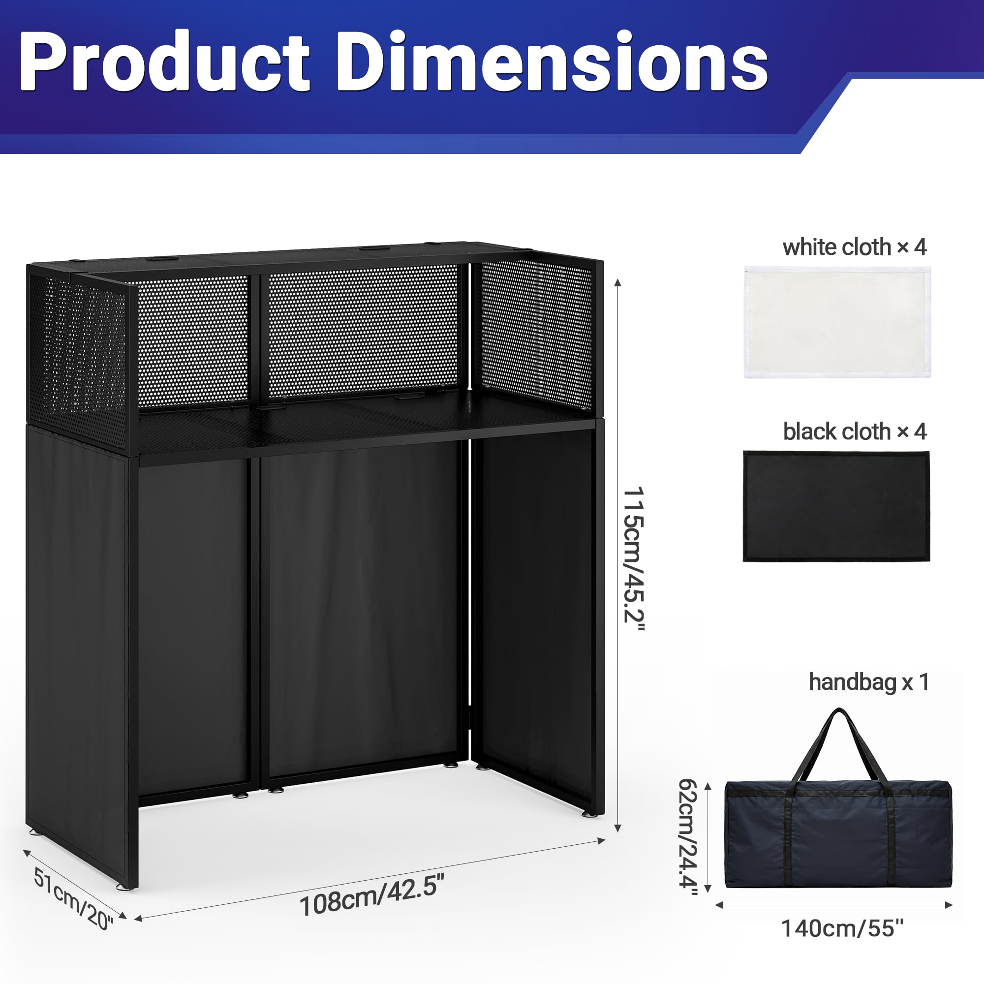 Tragbare DJ-Kabine, faltbar, 108 x 51 x 115 cm, zweilagiges DJ-Schreibtischsystem, Schwarz-Weiß-Scrims, Kabelmanagement-Loch, DJ-Ständer mit verstellbaren Füßen, Tragetasche, DJ-Decks für Hochzeiten