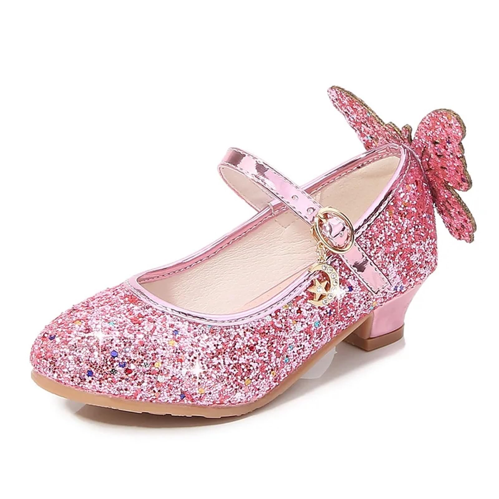 Zapatos de baile con purpurina for niña, de moda, de princesa, mariposa, de cuero, con lazo de diamante, tacón alto, for fiesta(Pink,29)