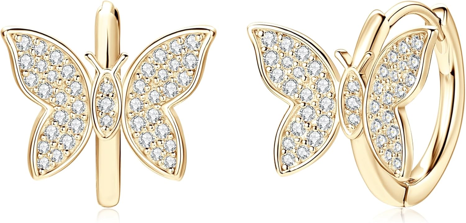 AINUOSHI Pave Moissanite Huggie Earrings Butterfly Earrings for Women 14k Gold Plated 925 Sterling Silver Tiny Earrings Small Huggie Hoop Earrings Lightweight Hoops Gift for Women Lab-created GRA Certified Authenticity