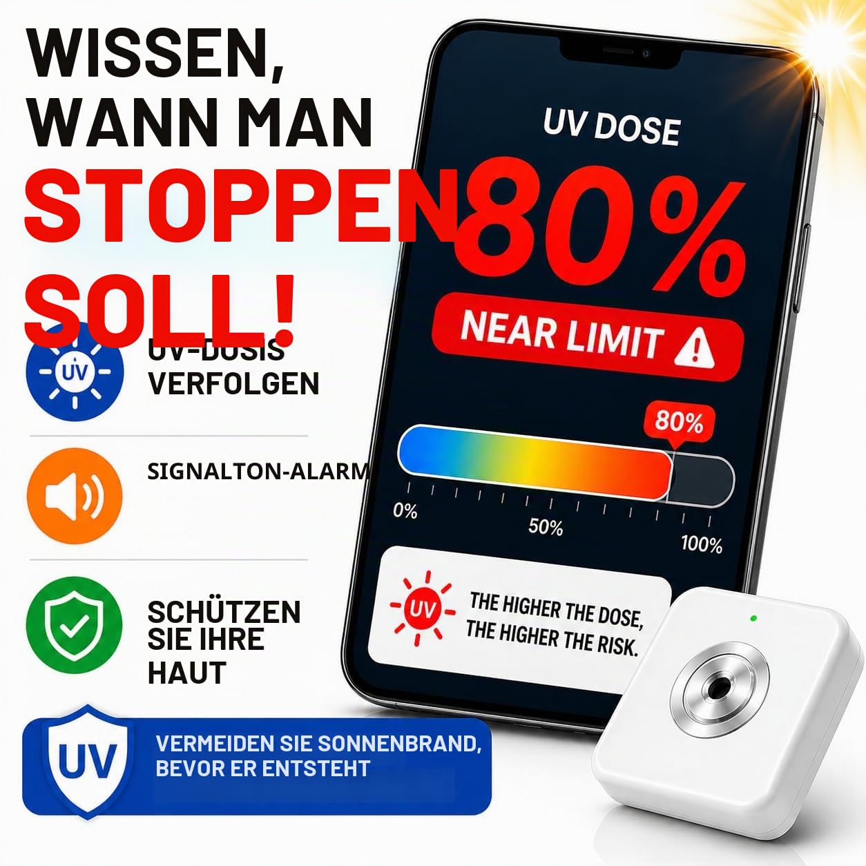 UV-Index-Messer mit Dosisalarm 0-22 UVI, akustischer Warnung, Bluetooth-App, UV-Exposition