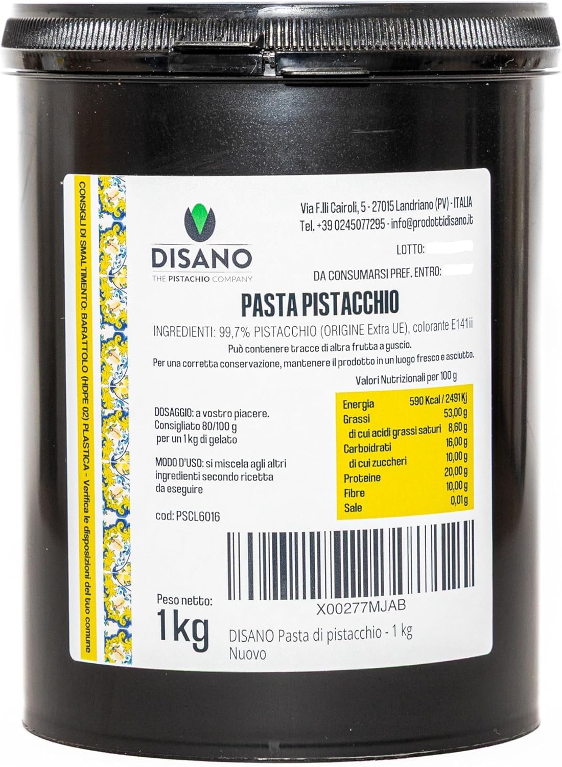 Pasta Pura di Pistacchio 1kg Disano – Pistacchi Selezionati – Ideale per Gelato, Creme e Pasticceria – Gusto Intenso e Naturale – Lavorata in Italia - Origine Pistacchi Extra UE