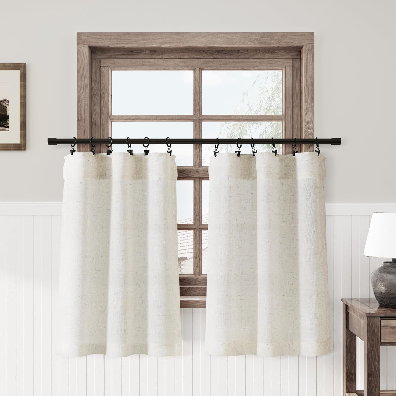 Nanspring Cream Linen Kitchen Curtains 24 Inch Length Tier Ticking Stripe Small Drapes for Living Room Bathroom Cafe Small Window Rustic Light Filtering Flax Back Tab Rod Pocket 2 Panels 18Wx24L