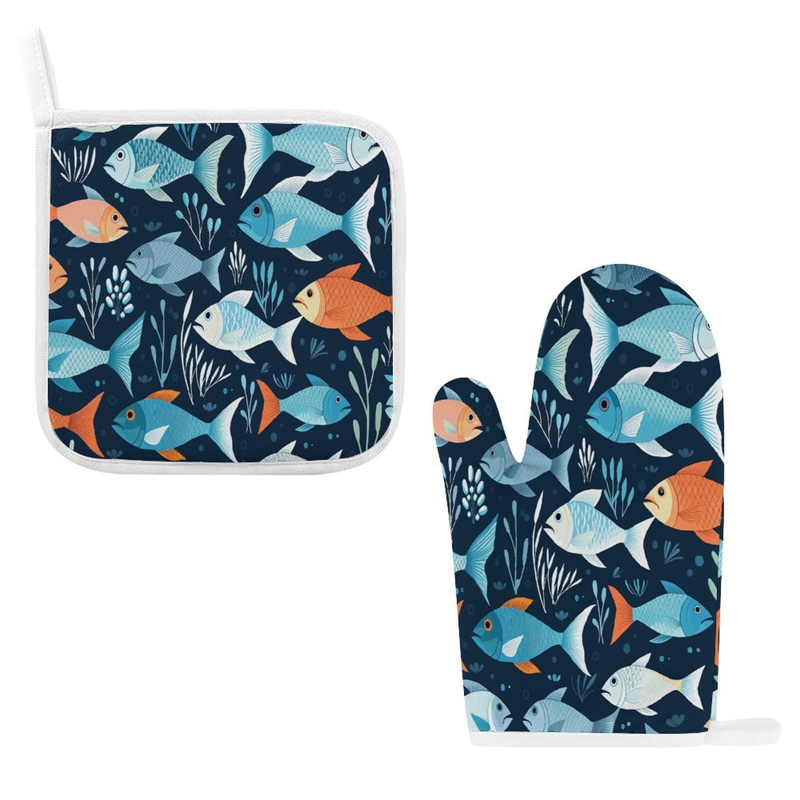 Fodpand Style Fishes Pattern Oven Mitts And Pot Holders Sets