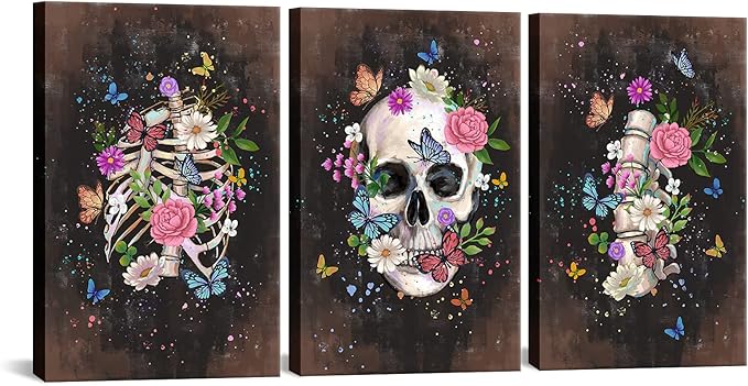 FuShvre Sugar Skull Wall Art Canvas Skeleton Painting Pictures Gothic Halloween Mexican Day of the Dead Wall Decor Ready to Hang 16“x24 x3pcs Brown