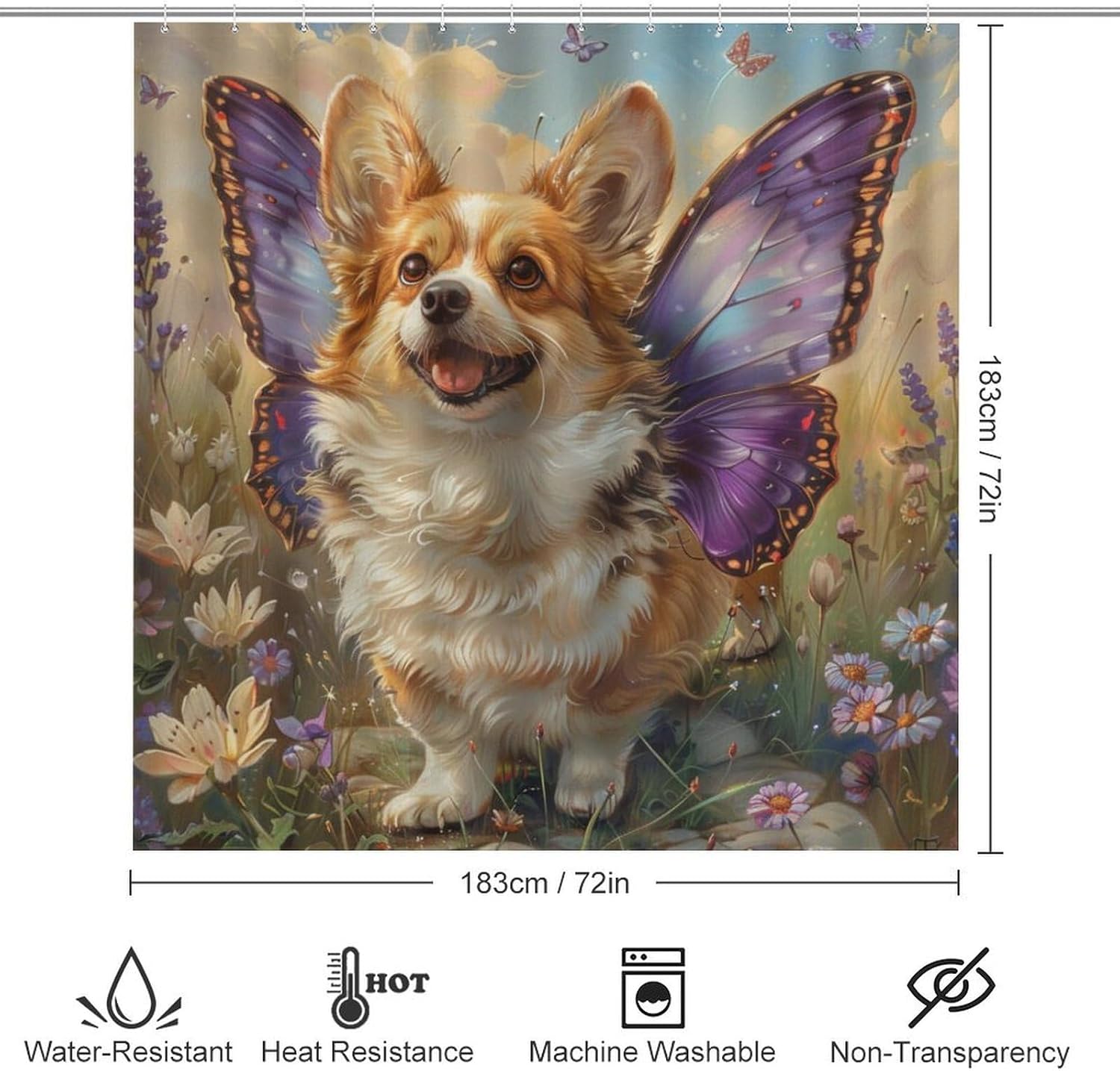 4Pcs Rustic Dog Butterfly Shower Curtain Sets Bathroom Decor, Lovely Corgi Floral Animal Shower Curtain with Non Slip Rug, Toilet Lid Cover, Bath Mat and 12 Hooks 72W x 72L
