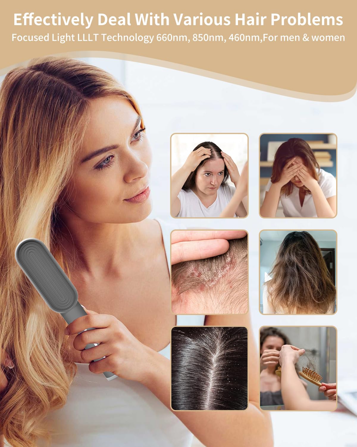 Spazzola Fototerapia Crescita Capelli 4 in 1, Cura Cuoio Capelluto con Luce LLLT 630nm 460nm 850nm, RF EMS ION, Pettine Laser per Ricrescita Capelli
