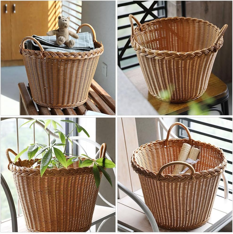 BESTOYARD Large Storage Laundry Basket 14" X 14"X 13" Handmade Woven Basket for Blanket Basket with Handles for Living Room Toys Storage