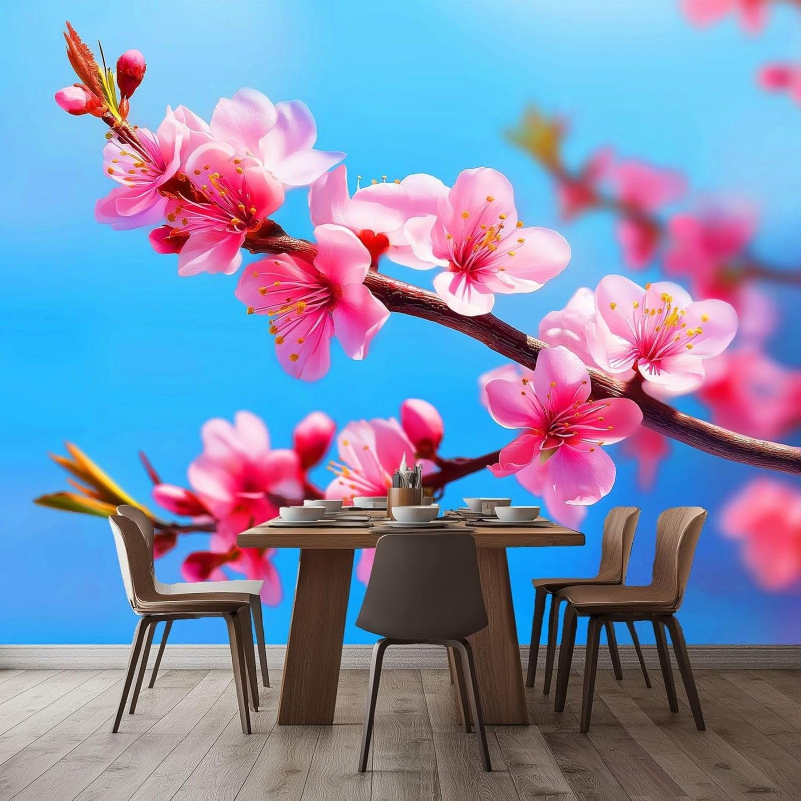 3D Effect XXL Non-woven Hyperrealistic Floral Branches Wallpaper, Blue Wallpaper for Bedroom, Living Room, Children's Room, Modern Wall Decoration, 350cm x 256cm Stickers - Frameless Painting - Poster