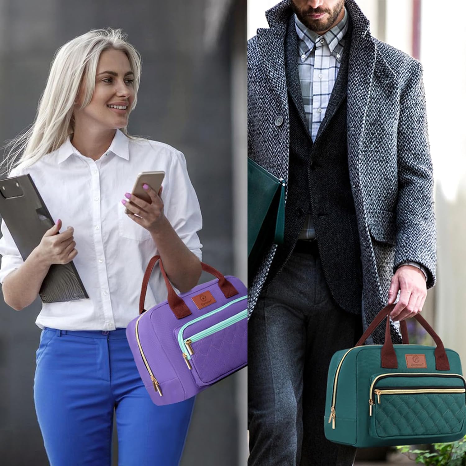 Genteen Lunch Bag Lunch box for Women men Insulated Tote LunchBox for Adult Women Men Reusable Lunch Box with Front Pocket for Work, Picnic or Travel-18 Cans/14 Liters - PURPLE/LAKE GREEN