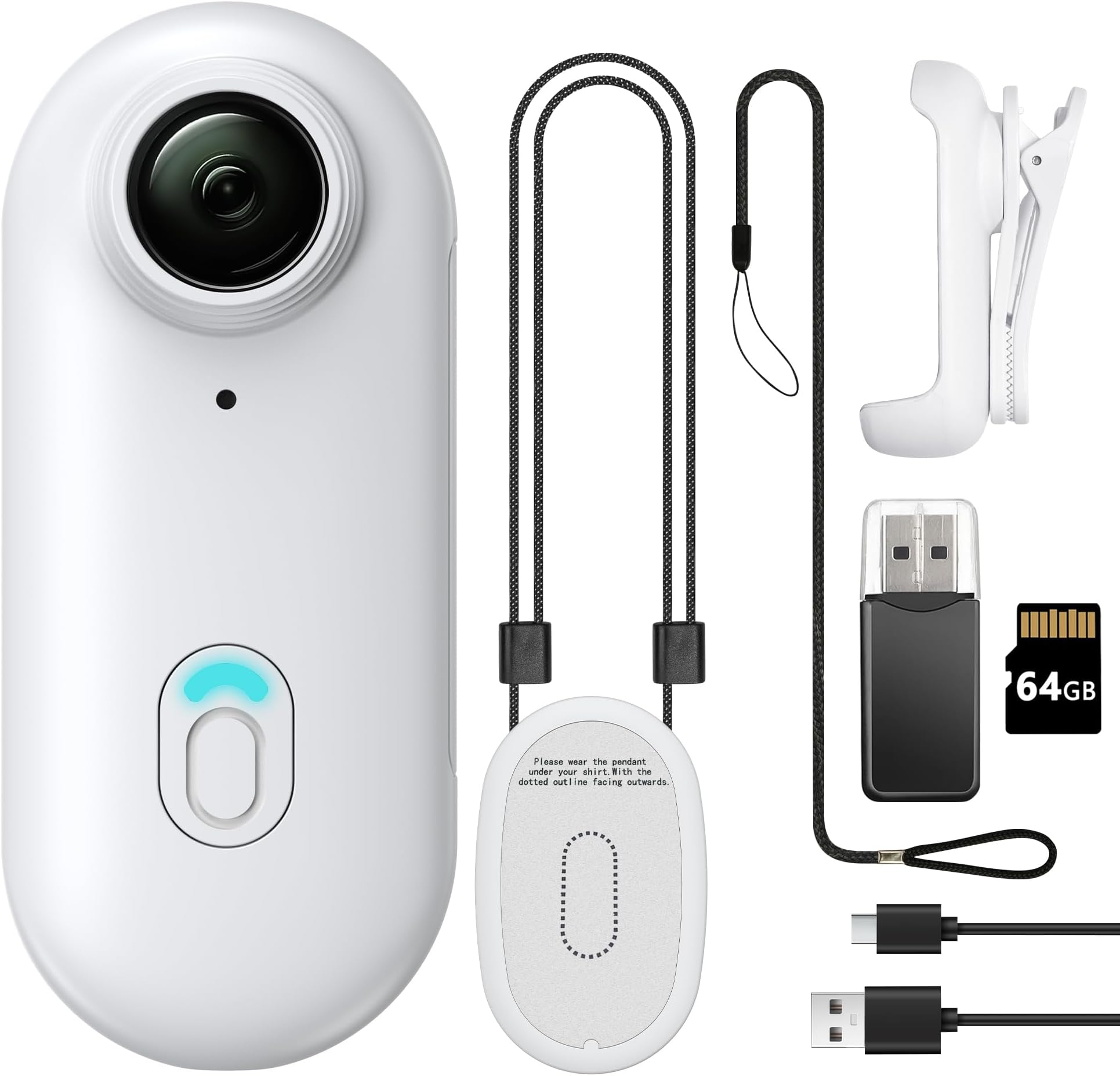 Mini Body Camera, Wearable Action Body Cam, Thumb Size Hands Free Recording Body Worn Camera, Premium Portable Camcorder Mount Anywhere for Pet Walking, Work, Travel (White, 64GB)