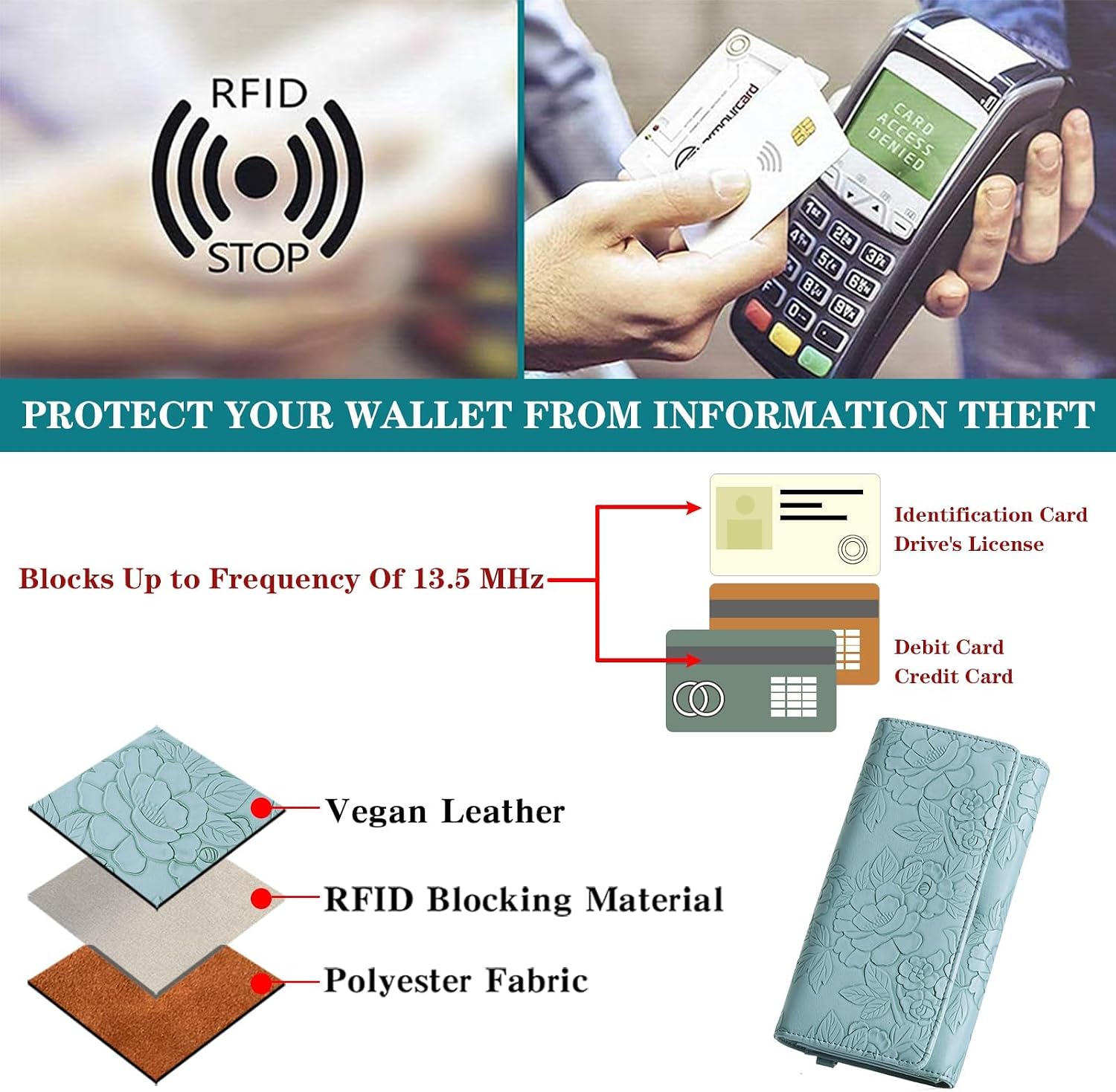 GAEKEAO Wallets for Women Vegan Leather RFID Blocking Card Holder Trifold Ladies Long Purse Wristlet Clutch with 3 ID Windows