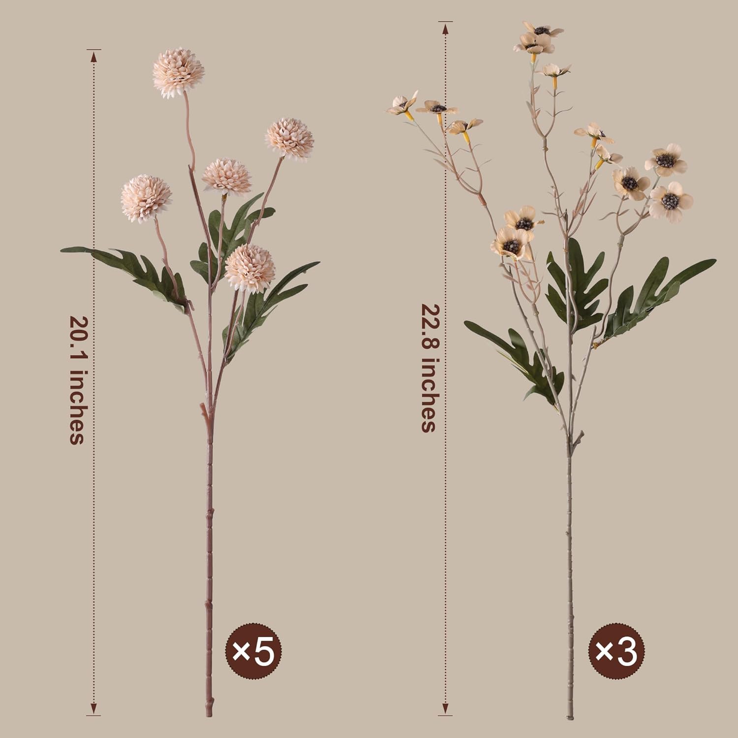 HyeFlora Fake Kiku Flowers, Faux Silk Pompon Mums Artificial Flowers, Chrysanthemum Stems Floral Arrangement Dried Flowers Vintage Decorative Indoor Home Decor Beige with Wax (Vase not Included) - Image 4