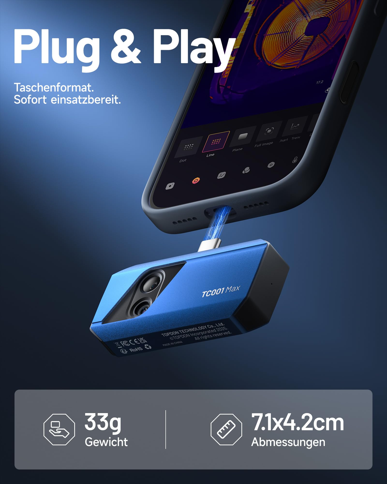 TOPDON Wärmebildkamera TC001 Max für Android iPhone, 512×384 TISR-Auflösung mit 1,5 MP visueller Kamera, –20°C-550°C, 25Hz, Dual-Objektiv Thermal Camera USB-C für Gebäude-, Elektro-, HLK-Inspektion