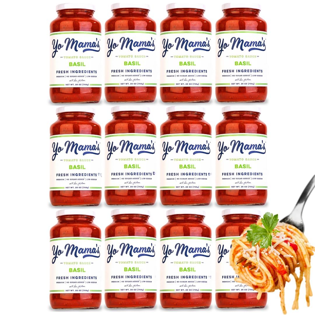 Yo Mama's Foods Keto Tomato Basil Pasta Sauce - Pack of (12) - No Sugar Added, Low Carb, Low Sodium, Vegan, Gluten Free, Paleo Friendly, and Made with Whole, Non-GMO Tomatoes