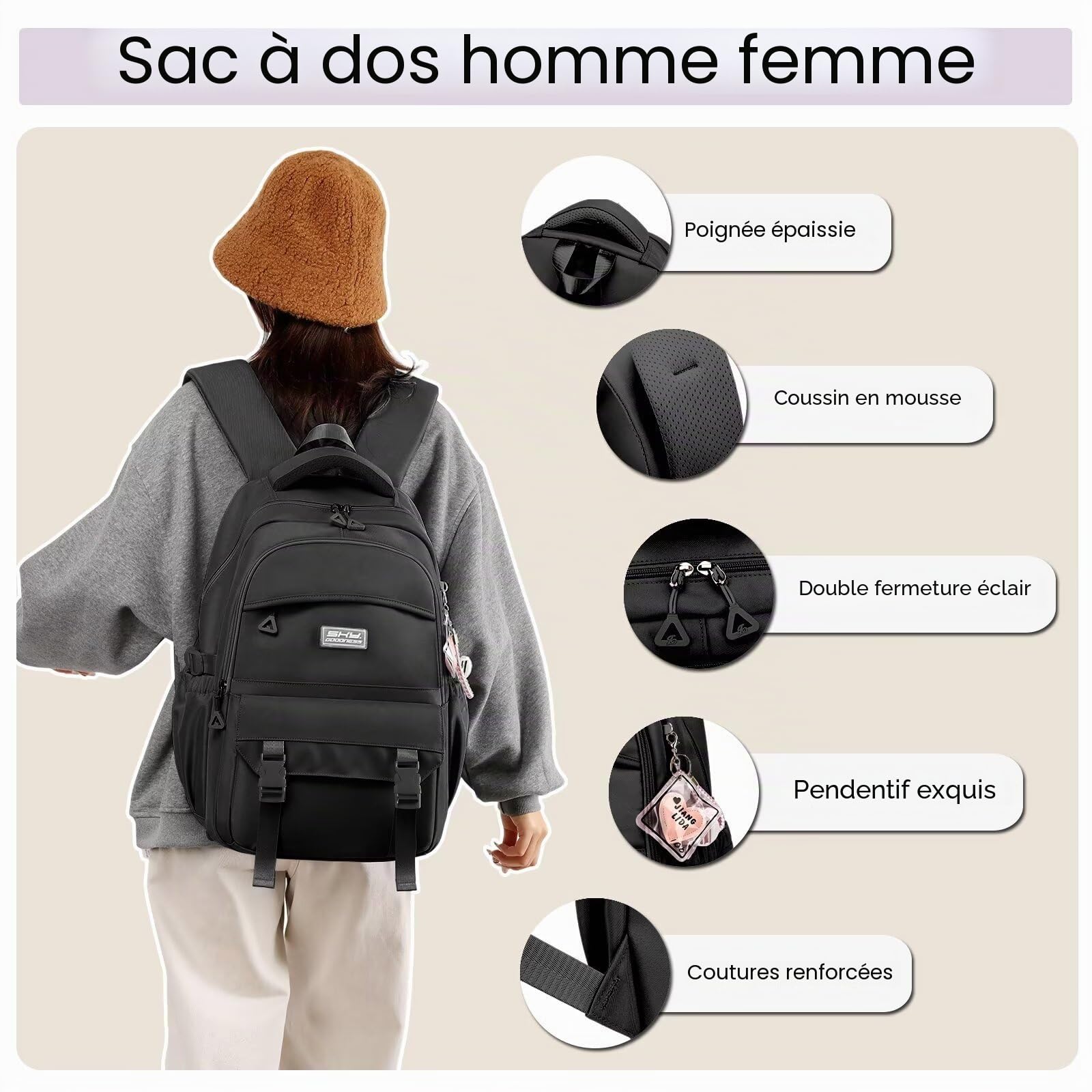 Sac a dos College Fille avec Pendentif Imperméable Nylon,Noir