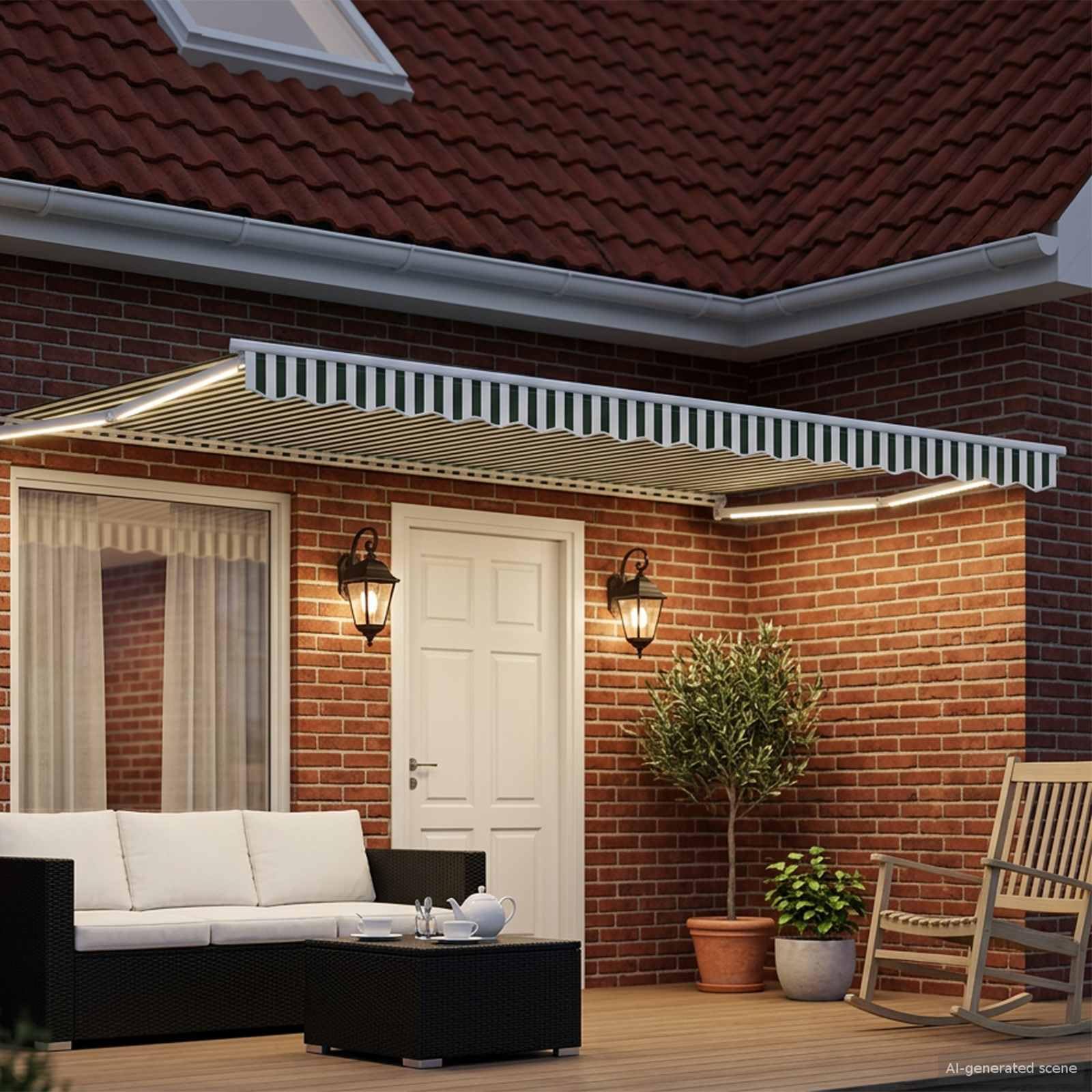 Toldo eléctrico extensible verde blanco 5 x 3 m con LED sensor meteorológico marco de aluminio, protección solar, toldo para terraza, resistente al viento y al agua, resistente a los rayos UV