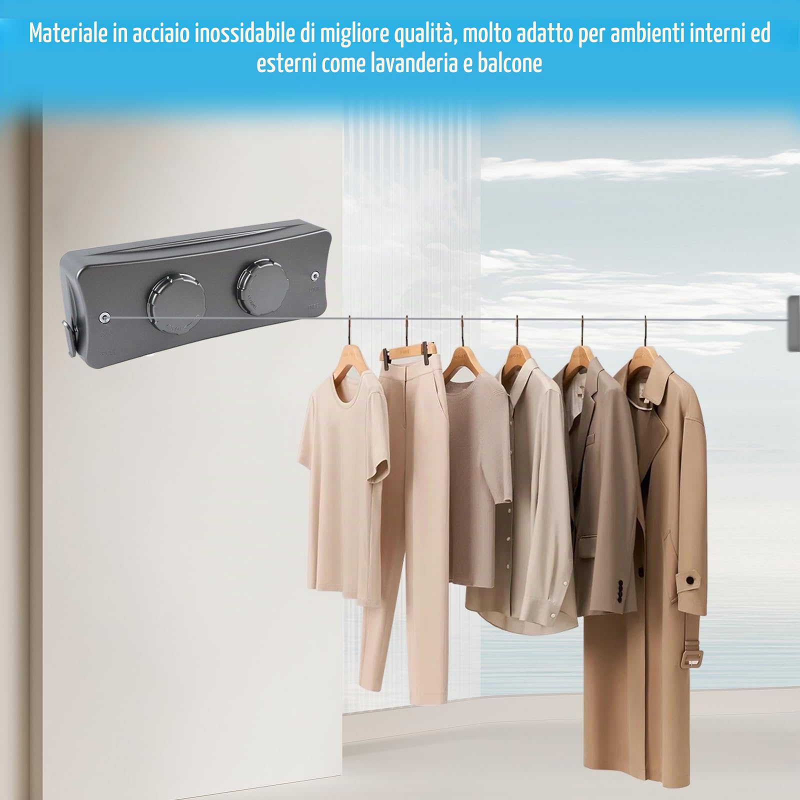 Filo Stendibiancheria Retrattile 5,1m, Doppia Corda per Biancheria Retrattile in Acciaio Inox, Filo per Stendere Retrattile Anti-cedimento Stendibiancheria da Parete Corda Stendino da Parete per 20kg
