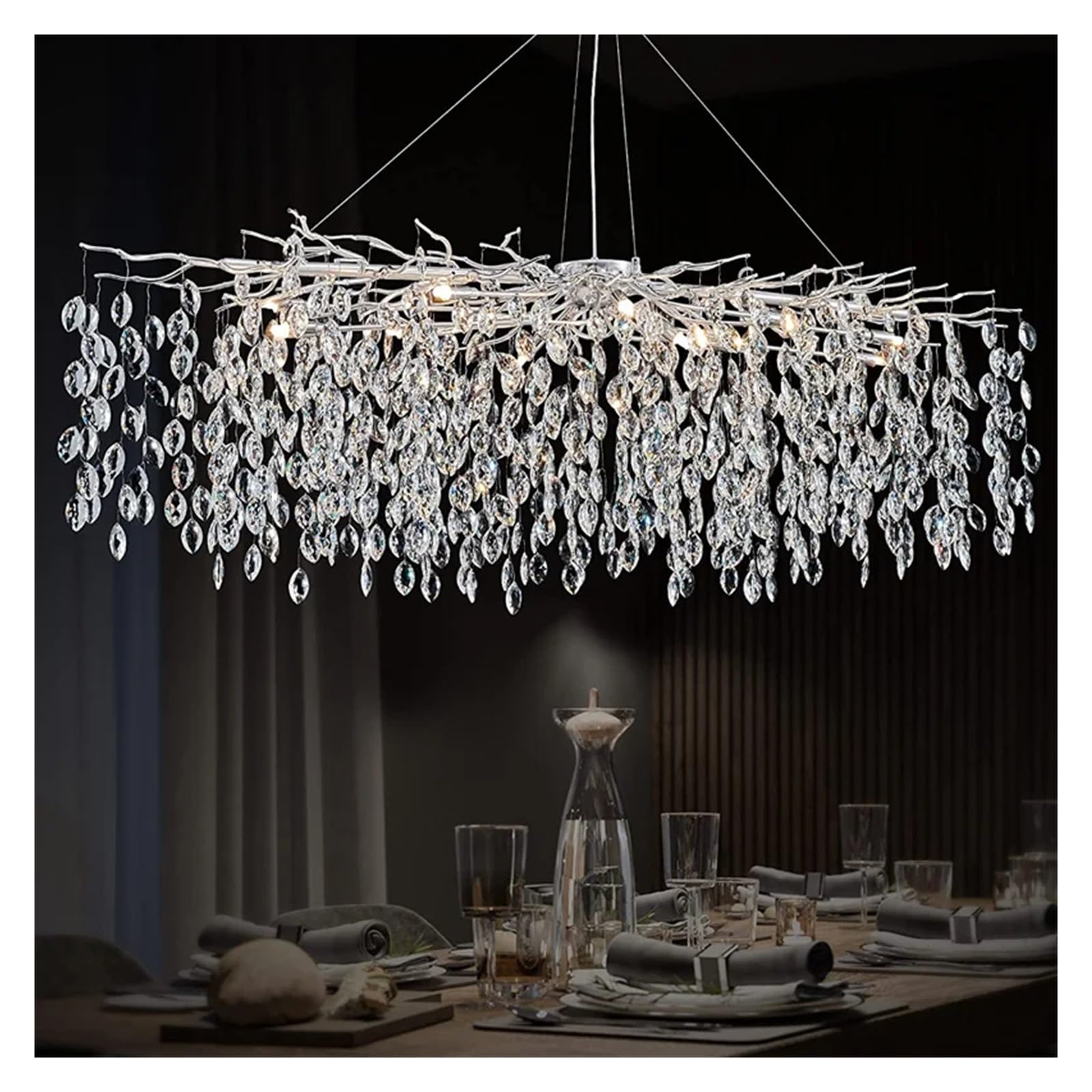 ASerZenith Chandelier, Silver Crystal Chandelier Modern Raindrop Long Ceiling Pendant Light Fixture Tree Branch Chandeliers Compatible With Dining Room Island,Long 120Cm-Gold