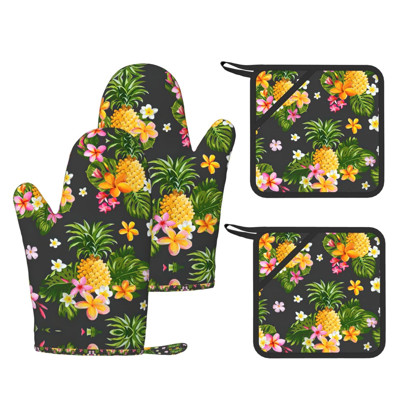 Tropical Pineapple Hawaiian Printed Kitchen Set with Heat Resistant Oven Gloves & Non-Slip Pot Holders for Daily Cooking