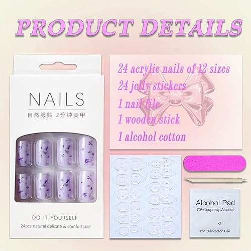 Miniatura 3 de Uñas postizas cuadradas medianas MABKJLF floral, uñas postizas de cobertura completa con diseños florales morados, uñas postizas brillantes con