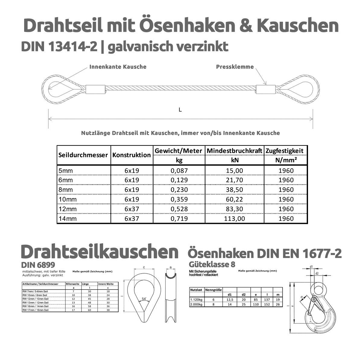 Stahlseil mit Haken, Drahtseil mit Haken – Anschlagseil, Forstseil | 5mm – 14mm | 1m – 100m | Ø6mm / 400kg Nutzlast | 50m