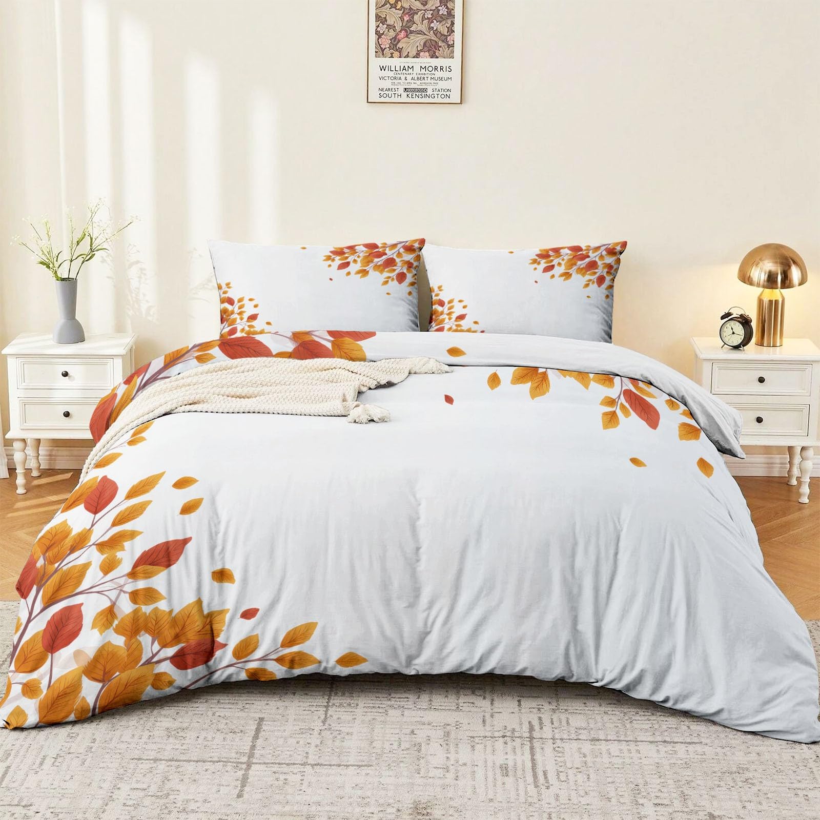 Housse de couette 140x200 plantes orange avec taie 65x65 en microfibre pour lit 2 personnes adulte