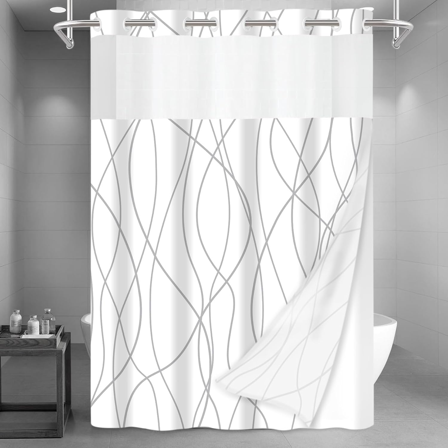 No Hook Grey White Striped Long Shower Curtain with Snap in Liner Set - Hotel Shower Curtain and Liner Set with See Through Mesh Top Window,Machine Washable, 71x86 INCH Grey White 71"W x 86"L (Pack of 1)