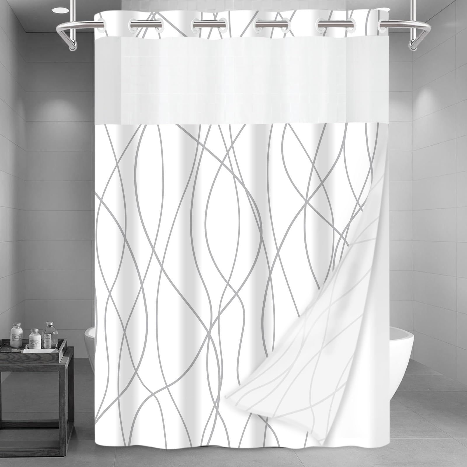 LXBNI No Hook Grey White Striped Long Shower Curtain with Snap in Fabric Liner Set - Hotel Shower Curtain and Liner Set with See Through Mesh Top Window,Machine Washable, 71x86 INCH