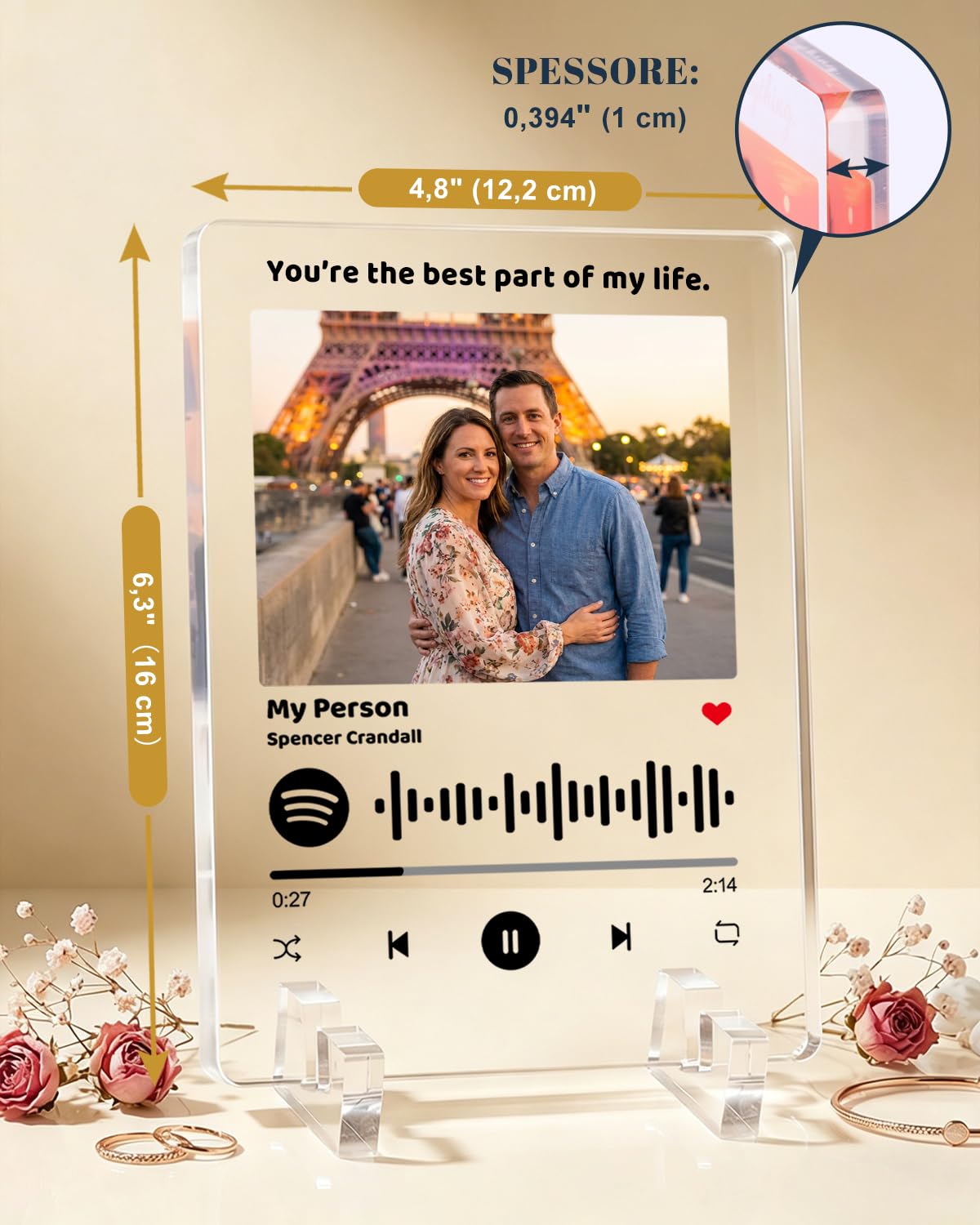 Design Italiano Targa Spotify in Acrilico Cristallino (1cm) Cornice Musicale Artigianale con Foto e Codice Scansionabile - Idea Regalo Esclusiva per Anniversario, San Valentino e Famiglia