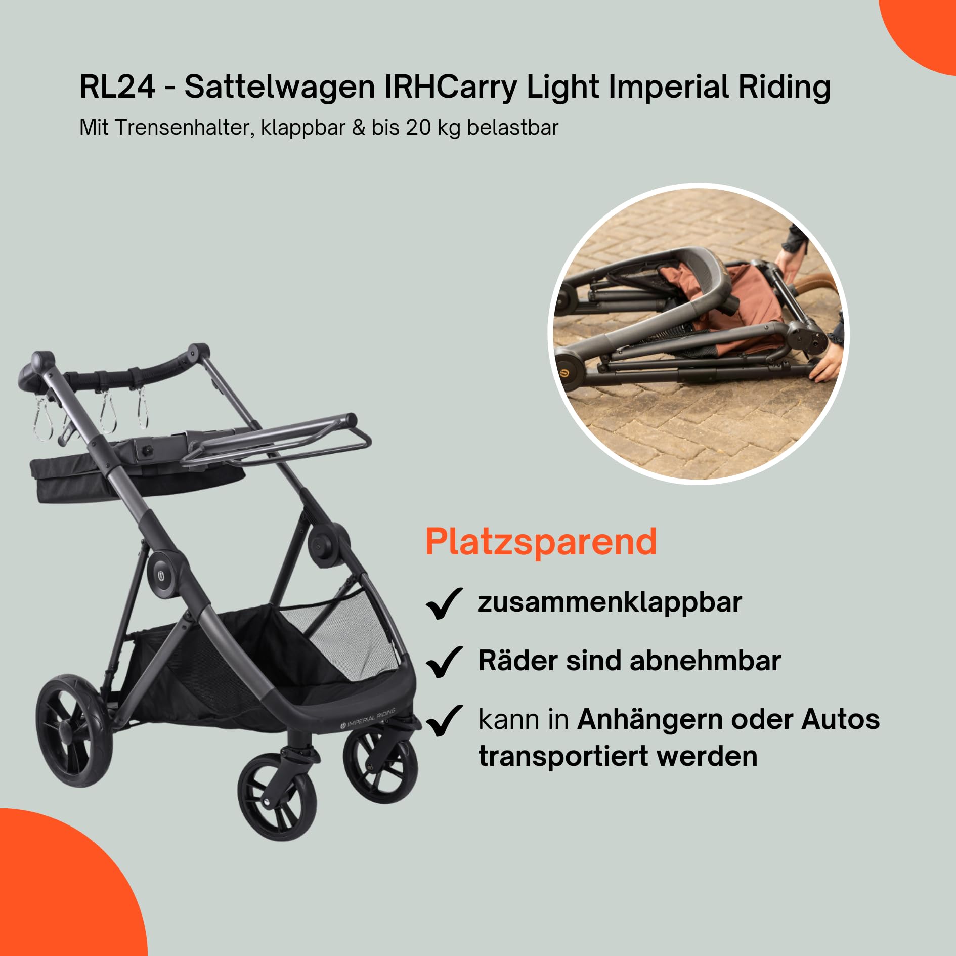 RL24 - Sattelwagen IRHCarry Light Imperial Riding mit Trensenhalter & Geländeräder – klappbar & bis 20 kg belastbar – Sattelhalter & Korb sind abnehmbar – Gun Metal Metallic – Stallzubehör