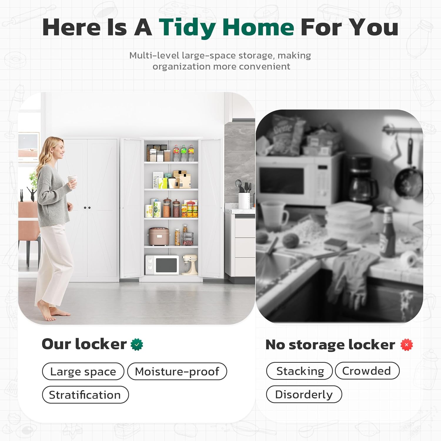 Greenvelly Metal Pantry Cabinet, 63” White Kitchen Pantry Cabinet with Doors and 4 Shelves, Tall Kitchen Cupboard for Laundry Room,Living Room,Dinning Room (Farmhouse)