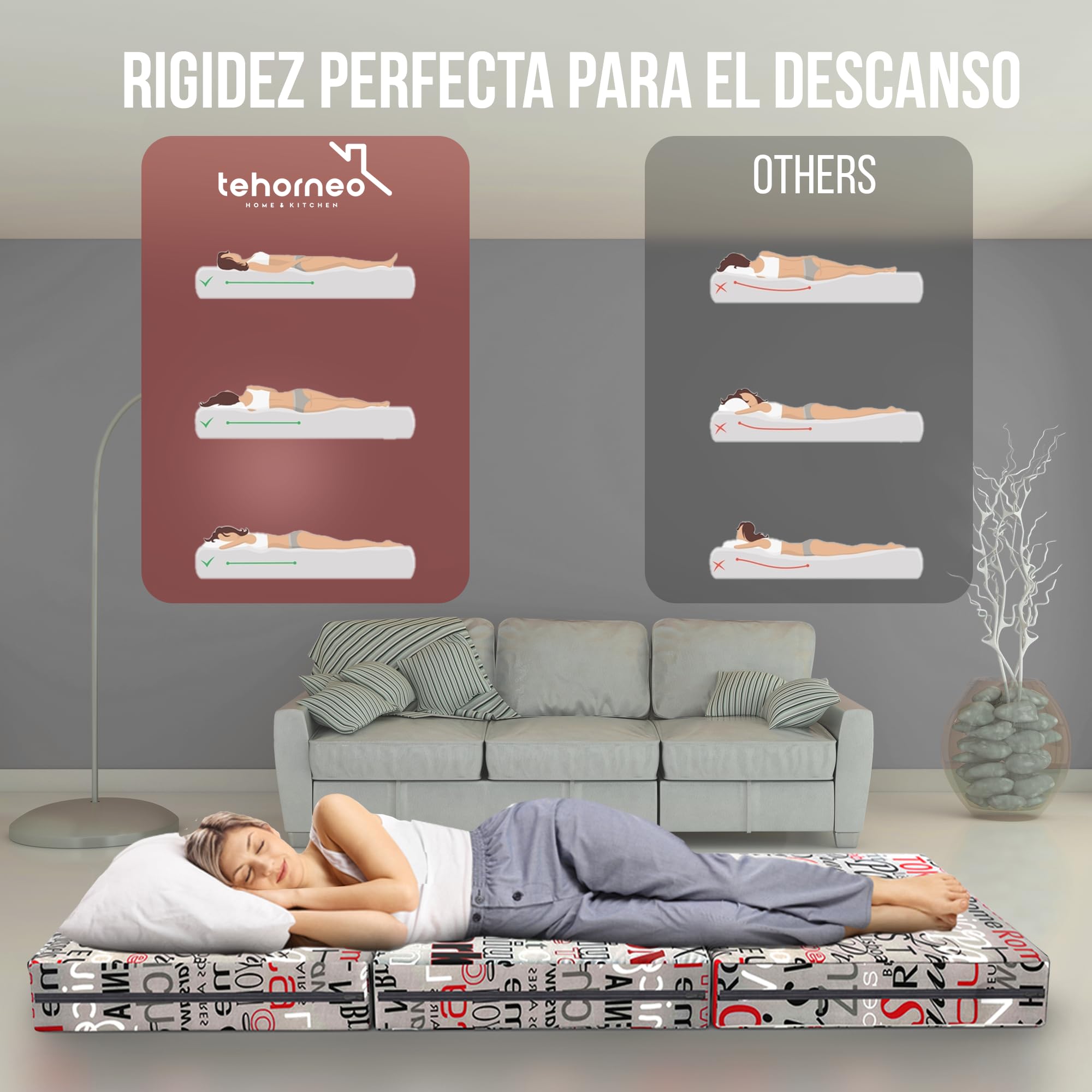 TEHORNEO Colchón Plegable, Colchon Plegable 195 x 75 x 10 cm para Invitados, Colchoneta Plegable, Futon Japones, Colchoneta, Futon, Colchon Plegable Suelo, Puff Cama, Apto para Lavadora