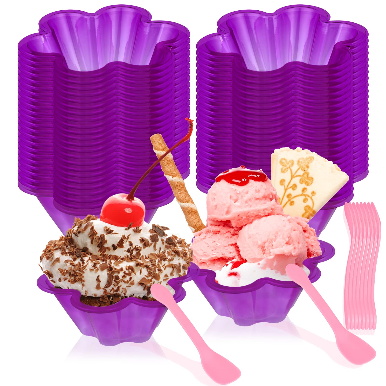 XUWAIDSGN 100 Pack Plastic Ice Cream Bowls Set 100 Pack Rose Red Flower Appetizer Cup Set with Pink Spoons Disposable Plastic Dessert Bowls for Yogurt Cake Fruits Containers