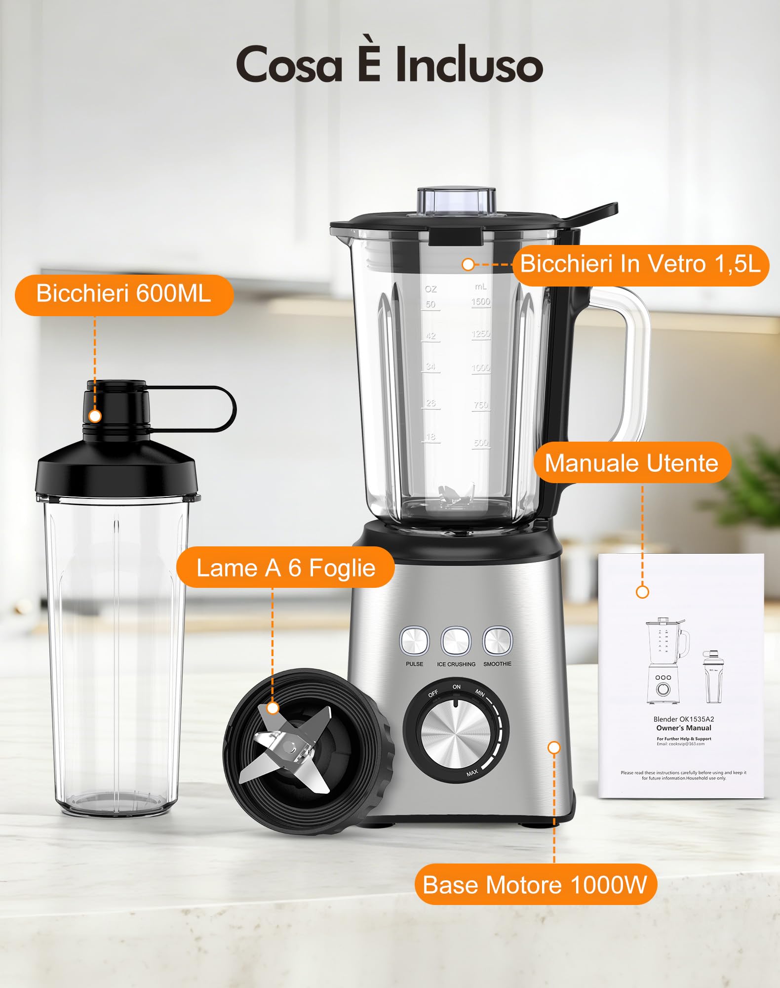 Frullatore Elettrico 1000W, Mixer Cucina con Bicchiere Vetro 1.5L + 600ml Bottiglie, Velocità Infinita, 24000 RPM, per Frullati, Succhi, Smoothie, Tritaghiaccio, Inossidabile (Argento)