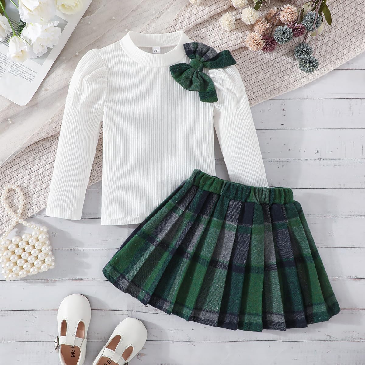 Toddler Girls Plaid Outfits Fall Winter Knit Ribbed Bow Sweatshirt Tops Pleated Skirts Set Holiday Picture Clothes - Image 2