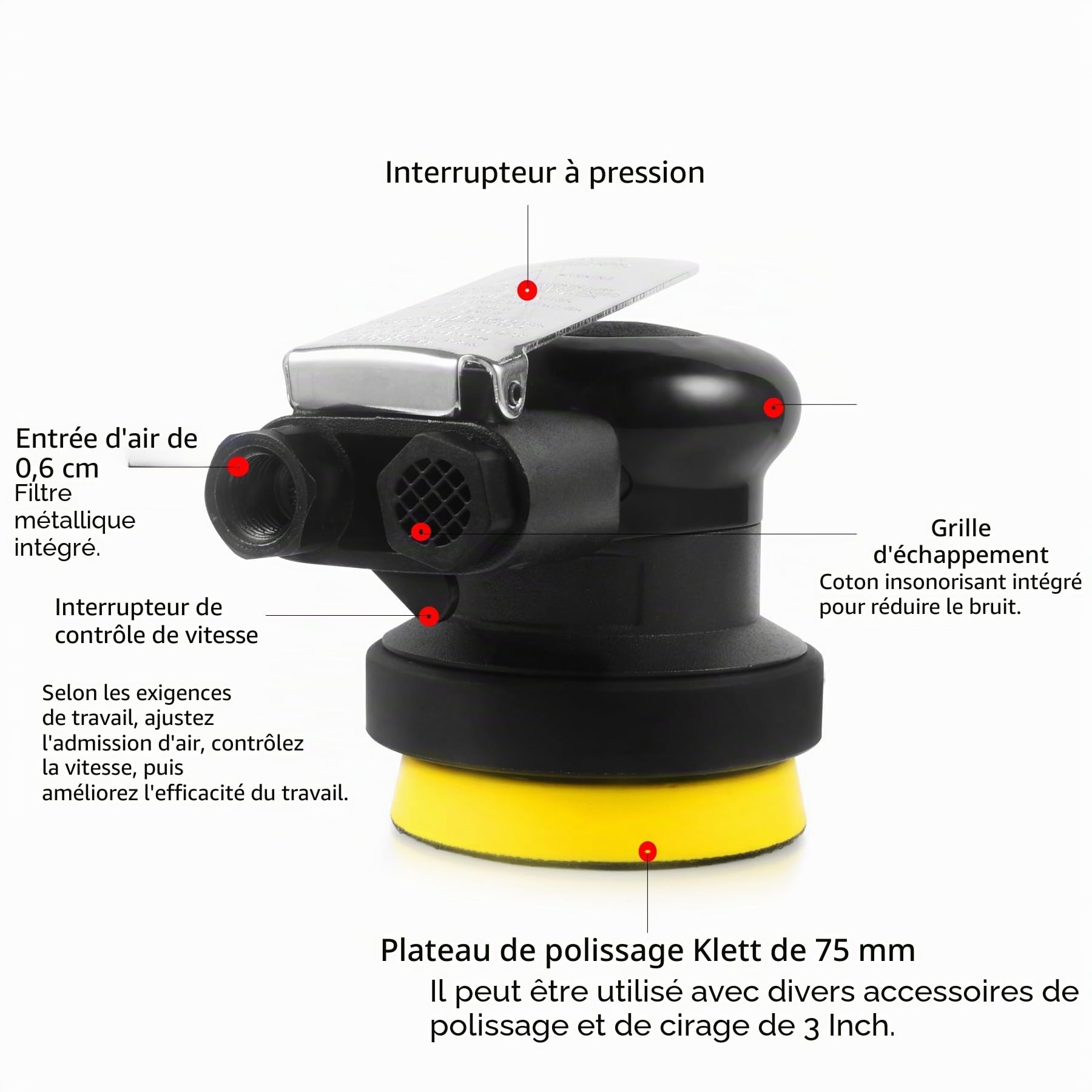 Ponceuse Excentrique à Air Comprimé 75 mm (3"), 10 000 tr/min, Mini Meuleuse à Air Comprimé pour Voiture, Meubles, Bois