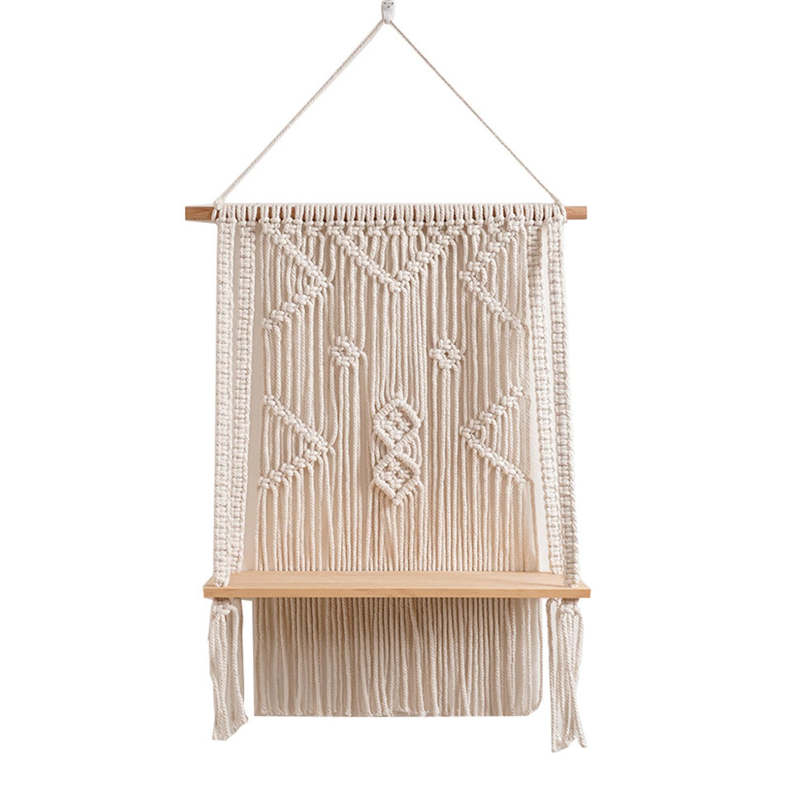 Kalttoy Macrames Wall Hanging Tapestry with Wood Shelf Handwoven Tassels Floating Plant Shelves Wedding Backgroud Decor Wall Hanging Shelves for Storage