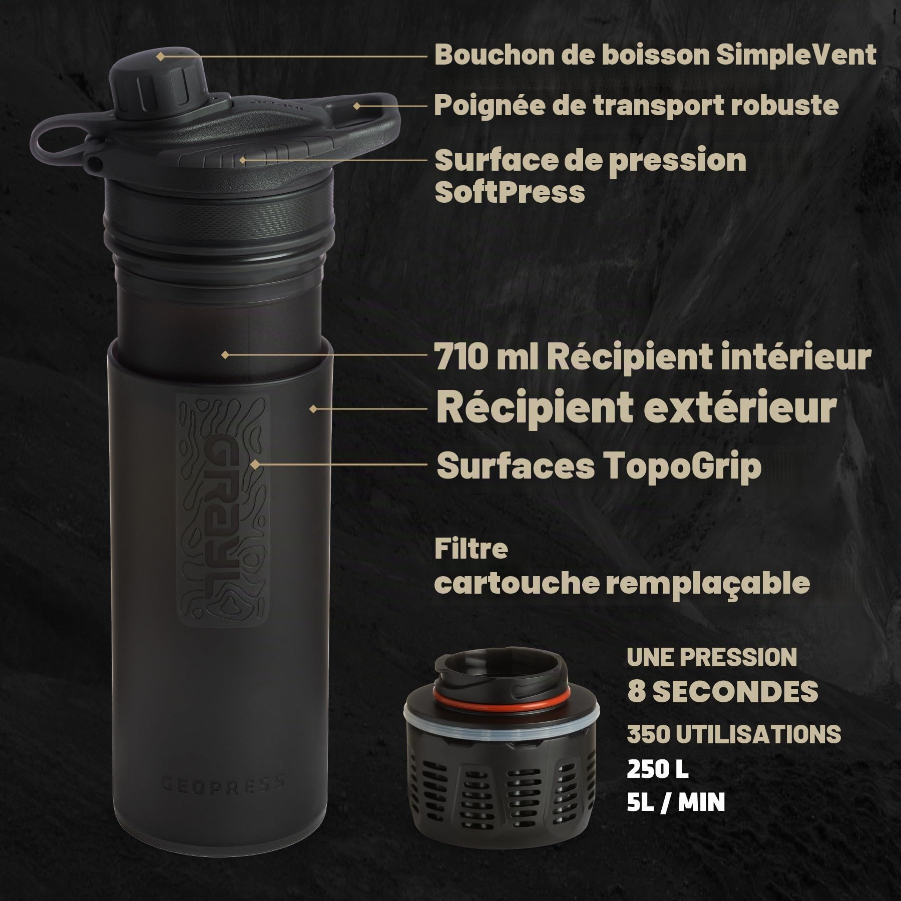 GRAYL GeoPress 710 ml Filtre à eau pour l'extérieur Élimine 99,99% des bactéries et virus Camping Survie Voyages Covert Black
