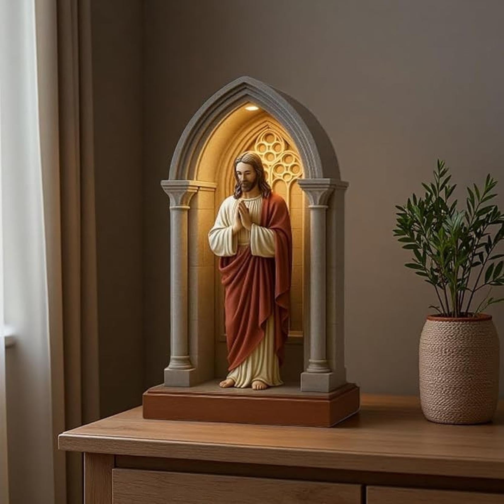Statua di Gesù, lampada da preghiera a LED, immagine elegante e sacra del Sacro Cuore di Gesù, statua di illuminazione di nicchia in stile gotico, decorazione della lampada religiosa della casa. (Gesù