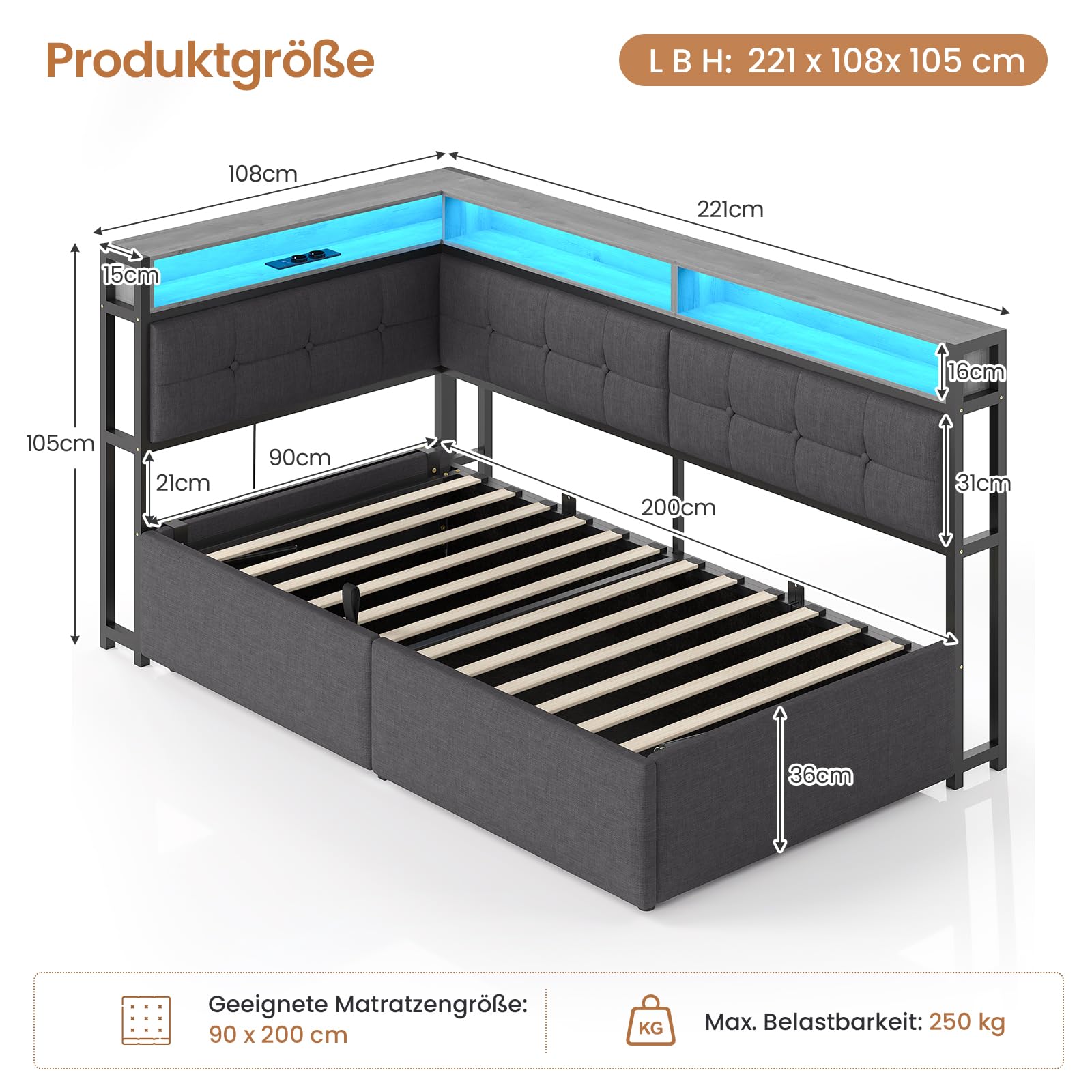 DICTAC Polsterbett 90x200 mit Stauraum, LED & Ladestation | Jugendbett 90x200 mit Hydraulischer Bettkasten, zweistöckiges Ablagefach |Tagesbett Einzelbett in Grau– für Kinder,Jugendliche & Erwachsene