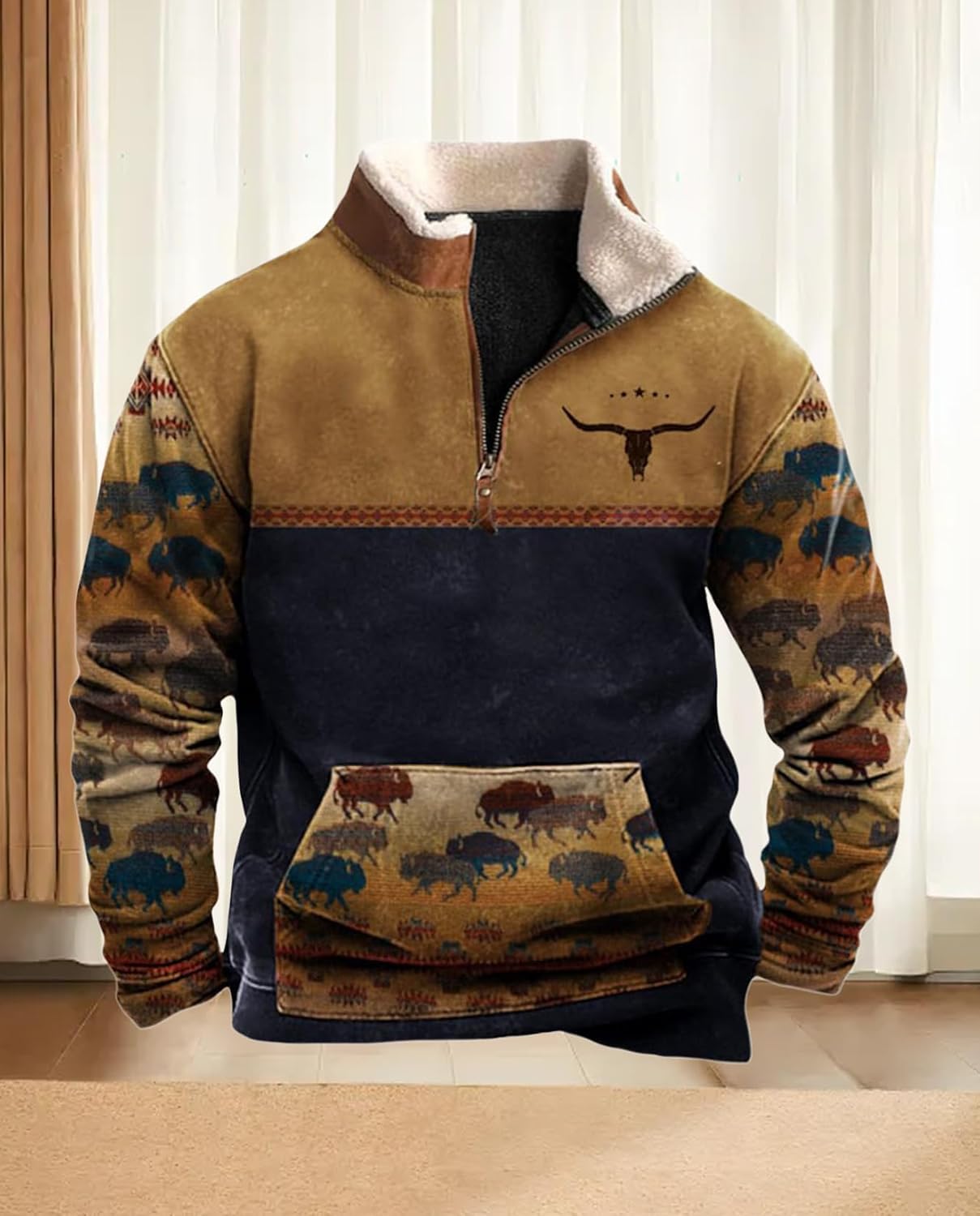 Western Sweatshirts for Men Aztec Cowboy Vintage Graphic Fleece Hoodie Mens Quarter Zip Pullover Country Jacket - Image 2
